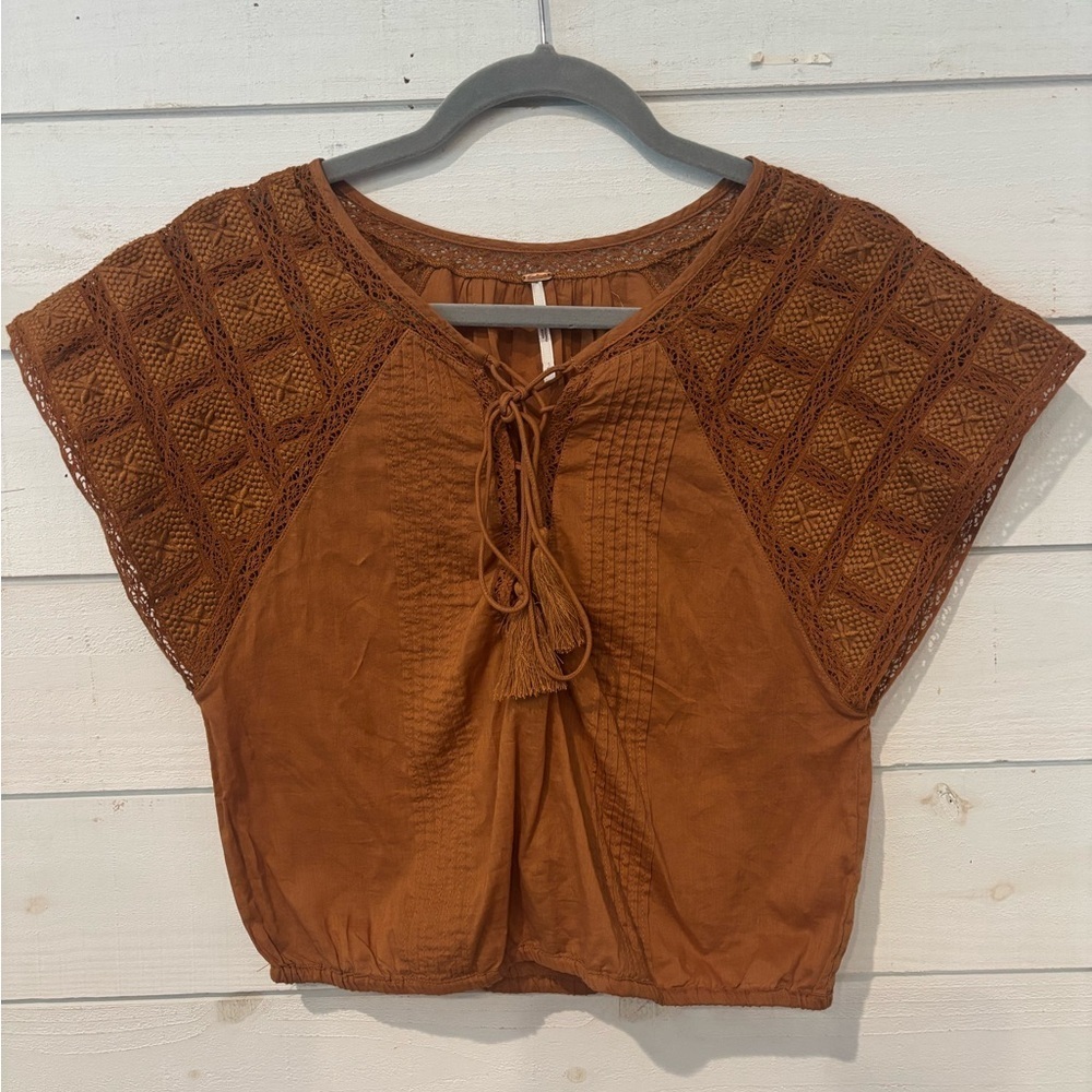 Free People Mustard  Flutter Sleeve Crop Blouse in size SP